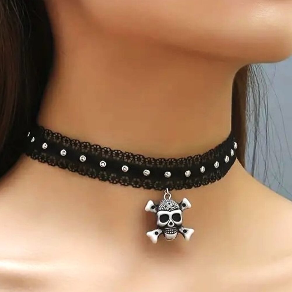 Skull Choker Necklace Lace Goth Emo Rave Scene Skeleton Sexy Trendy Bones Dangle